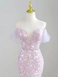 Mermaid Off-Shoulder Tulle Sequin Long Prom Dress Purple Formal Dress HZ1108