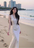French Satin Mermaid V-Neck Halter Dress HZ1108