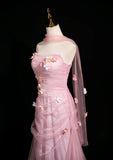 Pink Mermaid Strapless Tulle 3D Applique Long Prom Dress Sweet Wedding Dress HZ1108