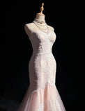 Light Pink Strapless Mermaid Tulle Lace Long Prom Dress Sweetheart Neckline Formal Dress HZ1108