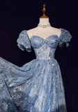 Blue A-Line Sweetheart Neck Tulle Sequin Long Prom Dress Exquisite Birthday Dress HZ1108