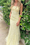 Sky Blue A-Line Spaghetti Strap Backless Elegant Tulle Applique Long Prom Dress HZ1108