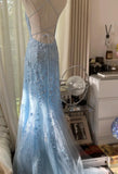 Sky Blue A-Line Spaghetti Strap Backless Elegant Tulle Applique Long Prom Dress HZ1108