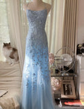 Sky Blue A-Line Spaghetti Strap Backless Elegant Tulle Applique Long Prom Dress HZ1108