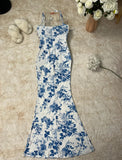 Gentle Print Spaghetti Strap Chiffon Mermaid Prom Dress HZ1108