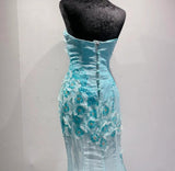 Ice Blue Ombre Mermaid Strapless Chiffon Long Evening Dress Appliques Beading Formal Prom Dress Graduation Dress HZ1108