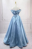 Blue Sweet A-Line Spaghetti Strap Satin Long Prom Dress Evening Party Dress HZ1108