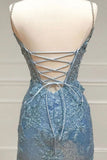 Beautiful Tiffany Blue Spaghetti Straps Tulle Applique Long Prom Dress Sequined Evening Dress with Slits HZ1108