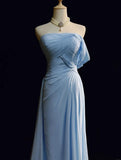 Gorgeous Blue A-line Chiffon Pleated One Shoulder Slit Long Evening Gown Wedding Guest Dress HZ1108