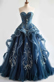 A-Line Sweetheart Neck Tulle Long Prom Dress Vintage Strapless Beaded Evening Gown HZ1108