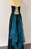 Vintage Strapless Teal Satin Sleeveless Black Tulle Beaded Ball Dress Birthday Evening Dress HZ1108
