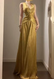 Temperament Golden V-neck Long Prom Dress Birthday Party Dress HZ1108