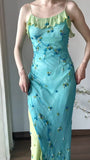 Vintage Spaghetti Strap Chiffon Sheath Ruffle Beaded Blue and Green Spliced Ball Dress Party Birthday Dress HZ1108