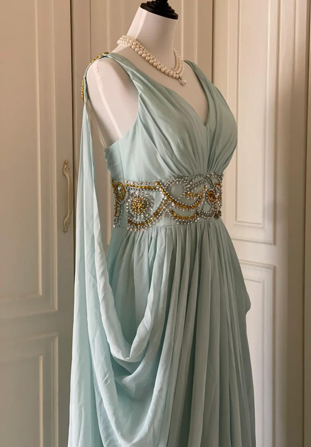 Vintage Tiffany Blue V-neck A-Line Beaded Chiffon Long Prom Dress Evening Dress Wedding Dress HZ1108