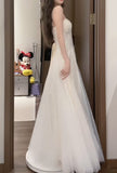 Gentle White Spaghetti Strap A-Line Tulle Sequin Long Prom Dress Simple Birthday Graduation Dress HZ1108