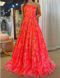 Unique A-Line One Shoulder Sequin Lace Long Prom Dresses Floor Length Sparkly Evening Dress HZ1108