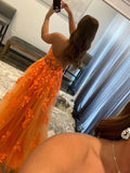 Orange A line Strapless Tulle Lace Long Prom Dres Applique Formal Dress HZ1108