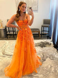 Orange A line Strapless Tulle Lace Long Prom Dres Applique Formal Dress HZ1108