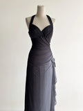 Sparkling Gradient Dark Gray Halter Neck Ruffle Sheath Prom Dress Birthday Dress HZ1108