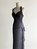 Sparkling Gradient Dark Gray Halter Neck Ruffle Sheath Prom Dress Birthday Dress HZ1108