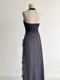 Sparkling Gradient Dark Gray Halter Neck Ruffle Sheath Prom Dress Birthday Dress HZ1108
