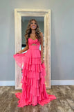 Cute Hot Pink A-Line Strapless Chiffon Long Prom Dress Layered Slit Sleeveless Evening Gown HZ1108
