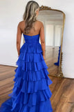 Cute Hot Pink A-Line Strapless Chiffon Long Prom Dress Layered Slit Sleeveless Evening Gown HZ1108