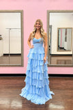 Cute Hot Pink A-Line Strapless Chiffon Long Prom Dress Layered Slit Sleeveless Evening Gown HZ1108
