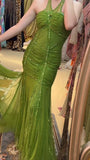 Vintage Green Halter Mermaid Chiffon Beaded Sequin Prom Dress Elegant Formal Evening Dress HZ1108