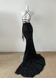 Gorgeous Black Sequin Mermaid Spaghetti Strap Vling Long Prom Dress Backless Formal Evening Dress HZ1108