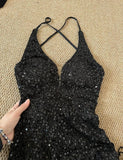 Gorgeous Black Sequin Mermaid Spaghetti Strap Vling Long Prom Dress Backless Formal Evening Dress HZ1108