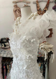 White Gentle Water Gloss Mermaid Sequin Applique Long Prom Dress Gorgeous One Shoulder Wedding Evening Dress HZ1108