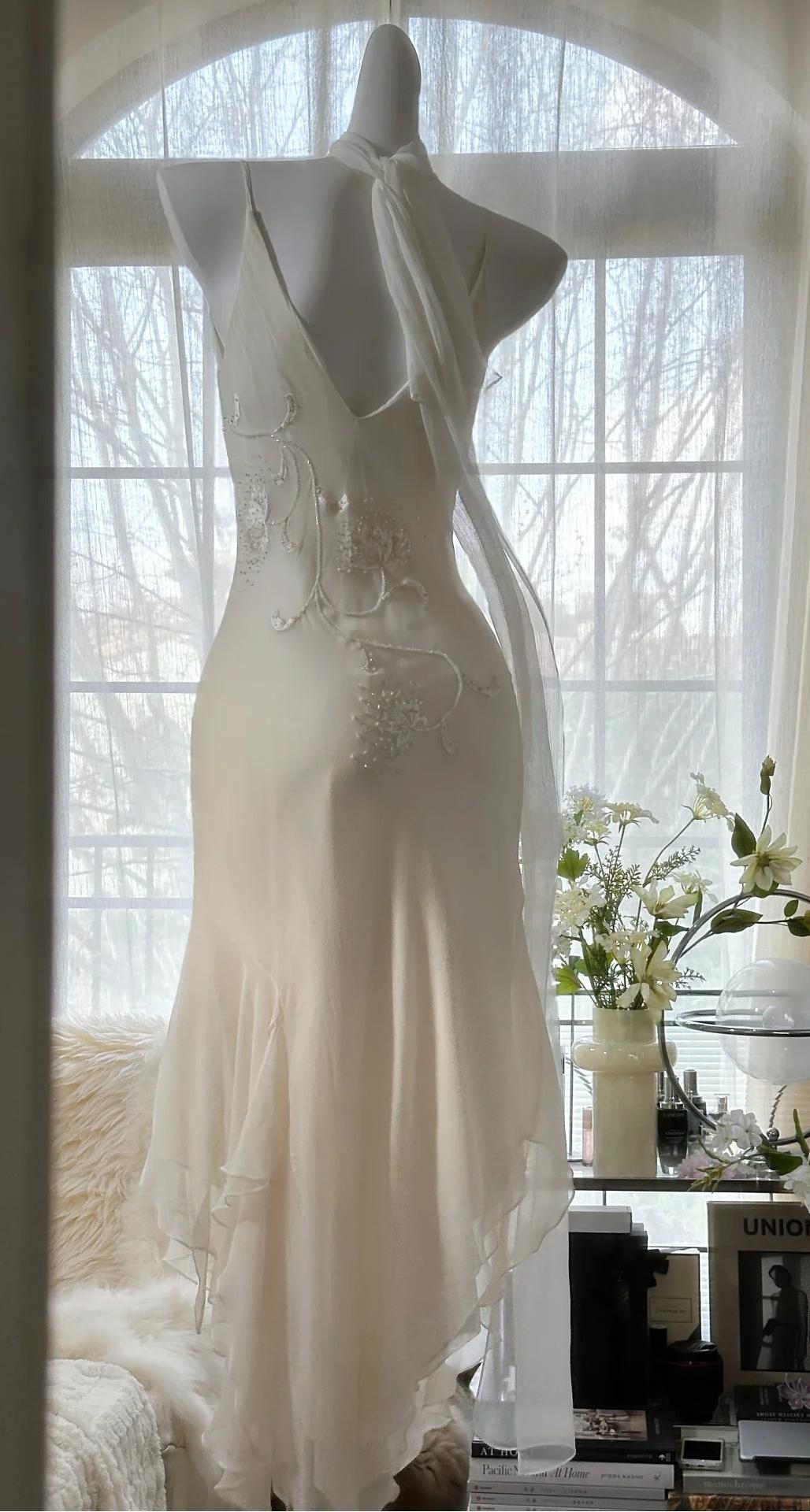 ??Y2K Fairytale White Chiffon Short Prom Dress Vintage Applique Beading Party Dresses HZ1108