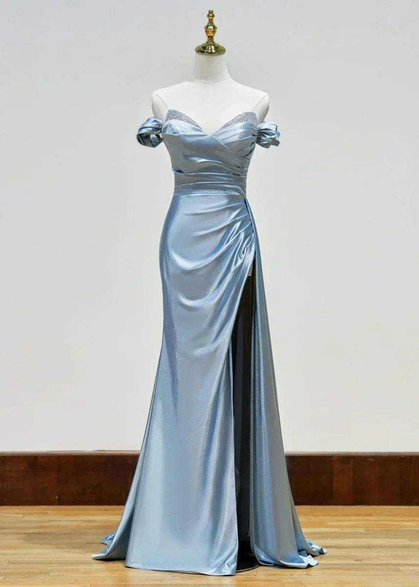 Elegant Beaded Mermaid Satin Off Shoulder Long Prom Dress Evening Gown with Slit HZ1108