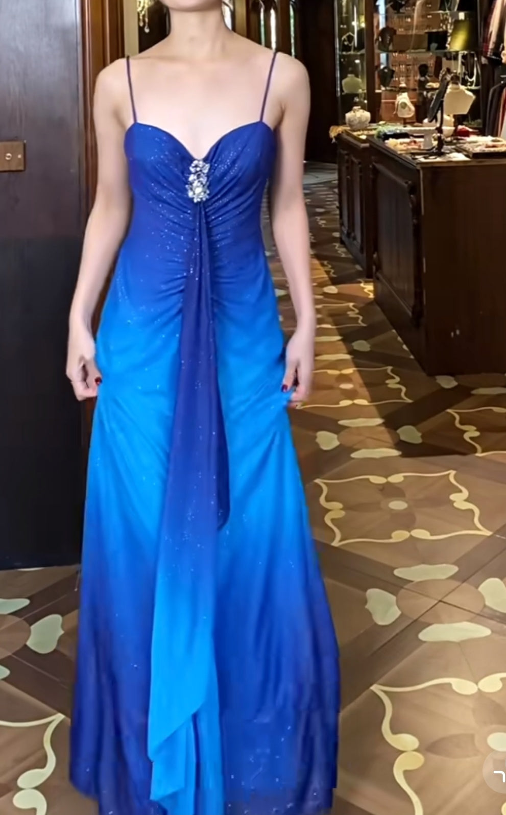 Glitter Chiffon Gradient Blue Prom Dress for Party Elegant 2000s Spaghetti Strap Evening Gown HZ1108