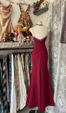 Elegant Red Satin Lace Applique Beaded Long Prom Dress Vintage Spaghetti Straps Mermaid Gowns (Under $200) HZ1108