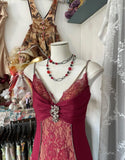 Elegant Red Satin Lace Applique Beaded Long Prom Dress Vintage Spaghetti Straps Mermaid Gowns (Under $200) HZ1108