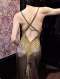 Sexy Spaghetti Strap V-Neck Satin Beaded Long Prom Dress Shiny Beaded Backless Evening Dress HZ1108