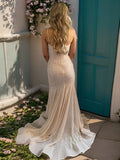 Elegant Pearl Pink Mermaid Spaghetti Straps Glitter Sequin Train Prom Dresses HZ1108