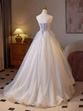 Fairytale A-Line Sweetheart Tulle Champagne Long Prom Dresses Beaded Sequins Sweet 16 HZ1108