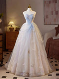 Fairytale A-Line Sweetheart Tulle Champagne Long Prom Dresses Beaded Sequins Sweet 16 HZ1108