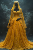 Classic Yellow Strapless A-Line Tulle Lace Applique Long Prom Dresses Glam Wedding Dresses HZ1108