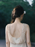 Elegant Pearl White V-neck Chiffon Beaded Evening Dresses Simple Wedding Guest Dresses with Embroidered Appliques HZ1108