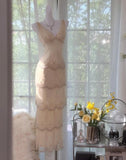 Elegant Pearl White V-neck Chiffon Beaded Evening Dresses Simple Wedding Guest Dresses with Embroidered Appliques HZ1108