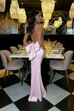 Gorgeous Mermaid Pink Backless Long Evening Dresses Spaghetti Straps Party Dresses with Bowknot HZ1108