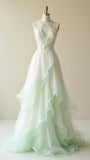 Gentle Gradient Light Green V neck A-Line Tulle Long Prom Dresses Sweet Beaded Applique Formal Evening Dress HZ1108