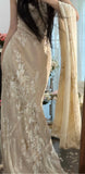 Vintage Apricot Spaghetti Strap Printed Chiffon Long Party Dress Elegant Evening Dress with Shawl HZ1108