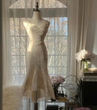 Gentle White V-neck Chiffon Lace Applique Short Party Dress Elegant Bridesmaids Dress Homecoming Dress HZ1108