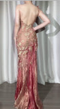 Elegant Gold Lace Applique Bodycon Pink Tulle Long Prom Dresses Vintage Formal Evening Dress HZ1108