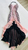 Vintage Pink Spaghetti Strap Sweetheart Neck Chiffon Prom Dress Lace Applique Party Dresses HZ1108